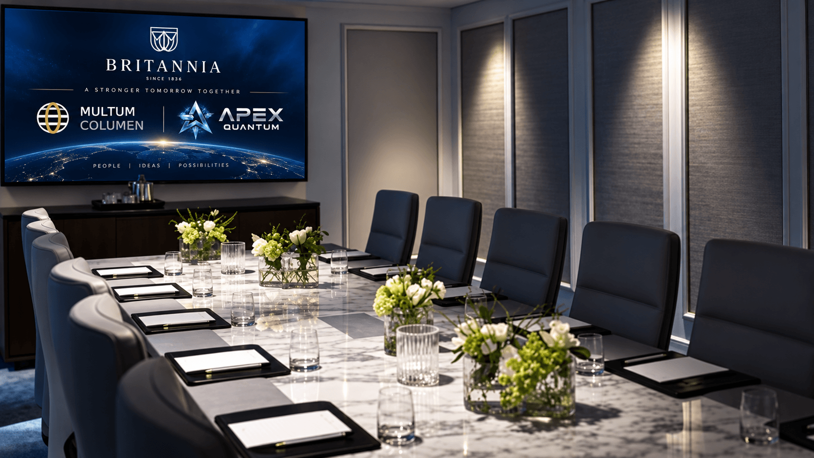 Event concept showing a meeting room with Multum Columen and Apex Quantum branding